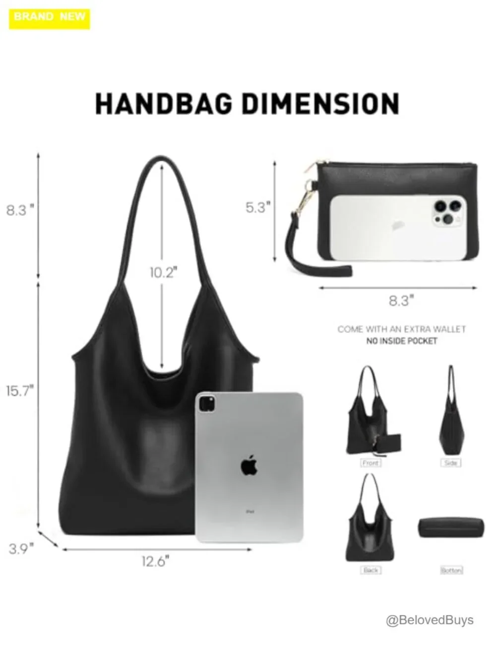 Soft Slouchy Vegan Leather Hobo Shoulder Bag with Cosmetic Pouch
